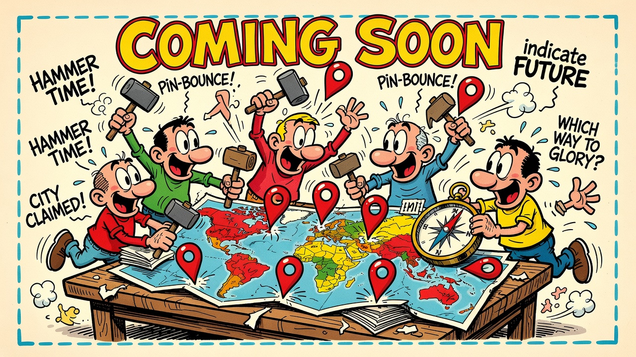 Friends around a giant map hammering their own pins into their cities, banner reading COMING SOON, dashed border