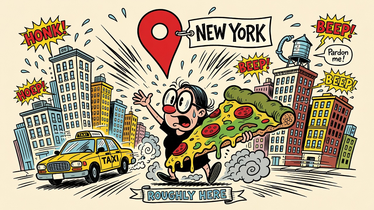Cartoon friend hailing a taxi with a giant pizza slice among skyscrapers, pin labeled New York