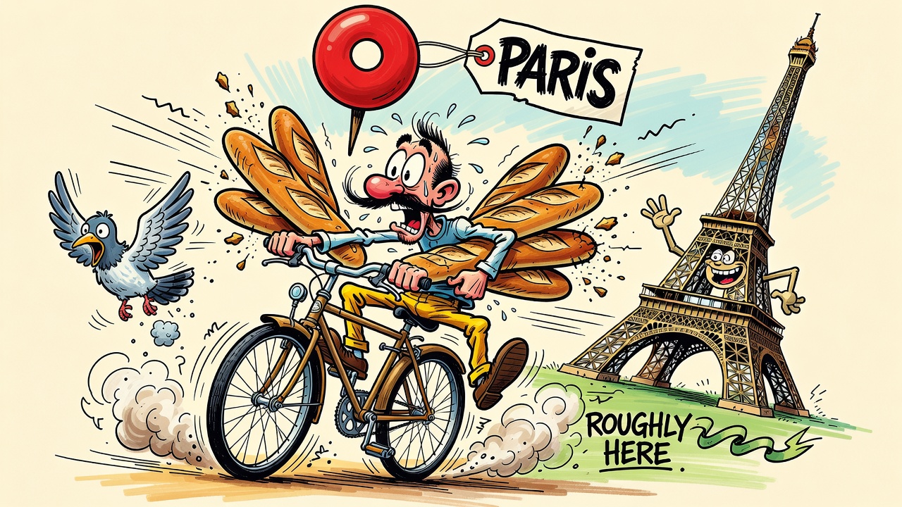 Cartoon friend on a wobbly bicycle with seven baguettes, Eiffel Tower waving, pin labeled Paris