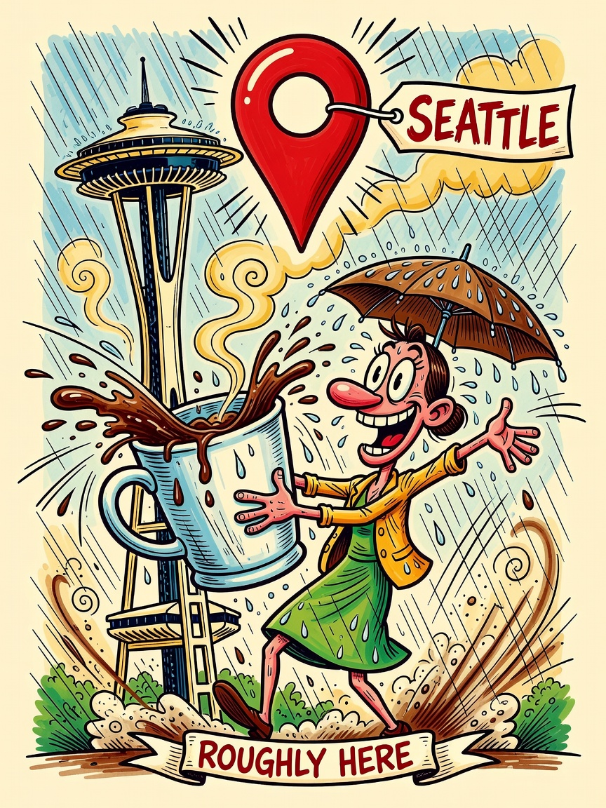 Cartoon friend with a giant coffee in the rain under the Space Needle, pin labeled Seattle