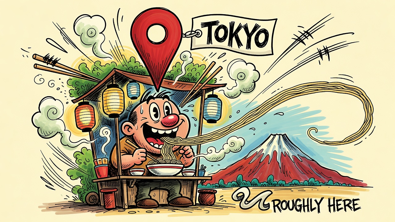 Cartoon friend slurping an endless ramen noodle near Mount Fuji, pin labeled Tokyo