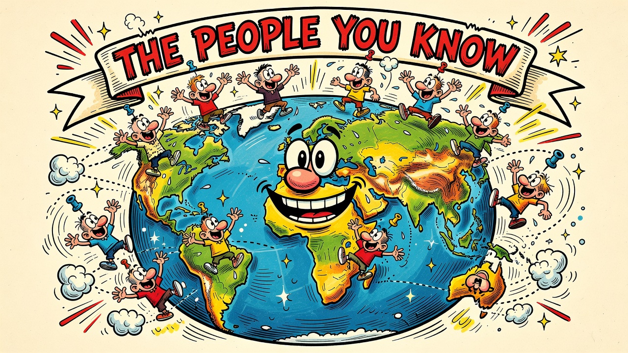 Cartoon globe with friends waving to each other across the oceans, banner reading THE PEOPLE YOU KNOW