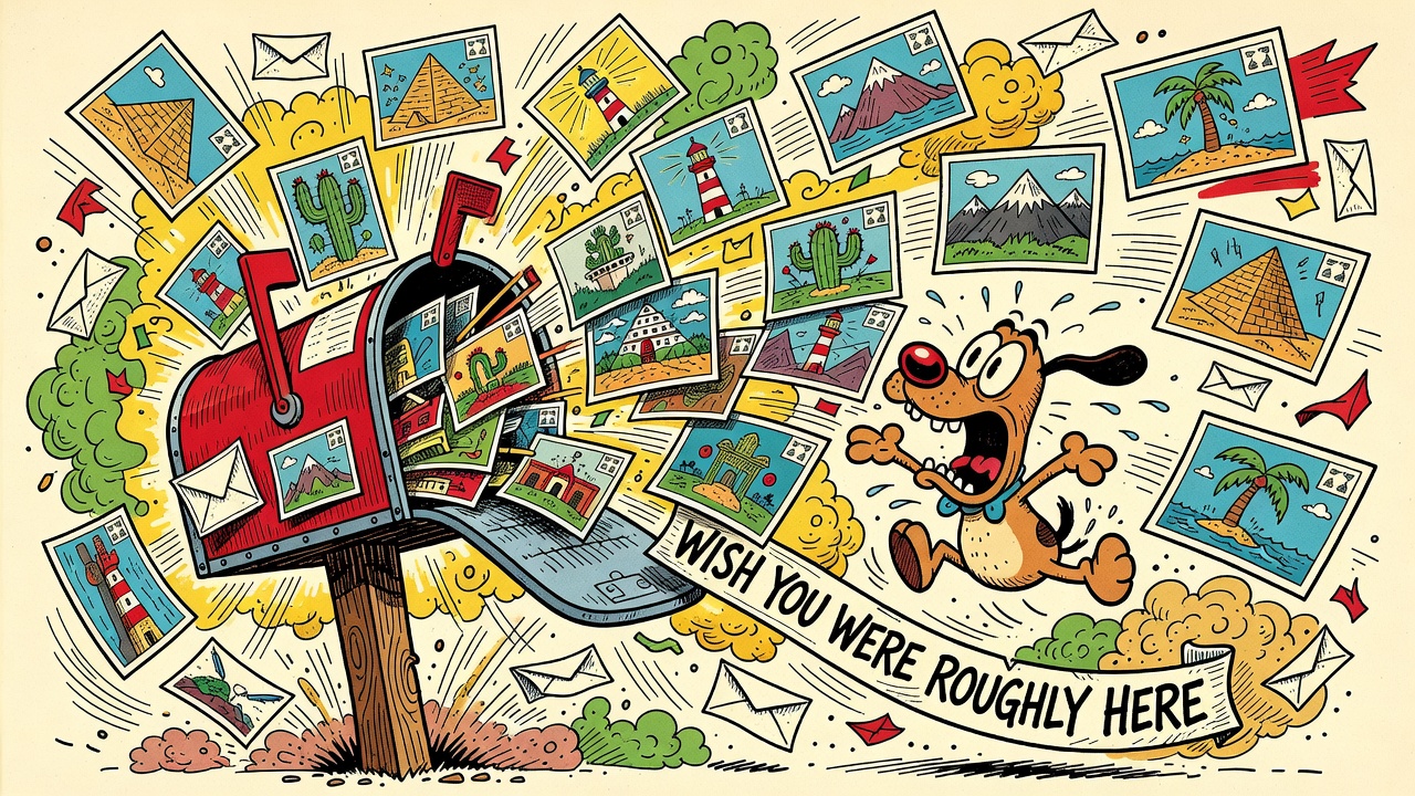 A mailbox exploding with postcards from around the world, banner reading WISH YOU WERE ROUGHLY HERE